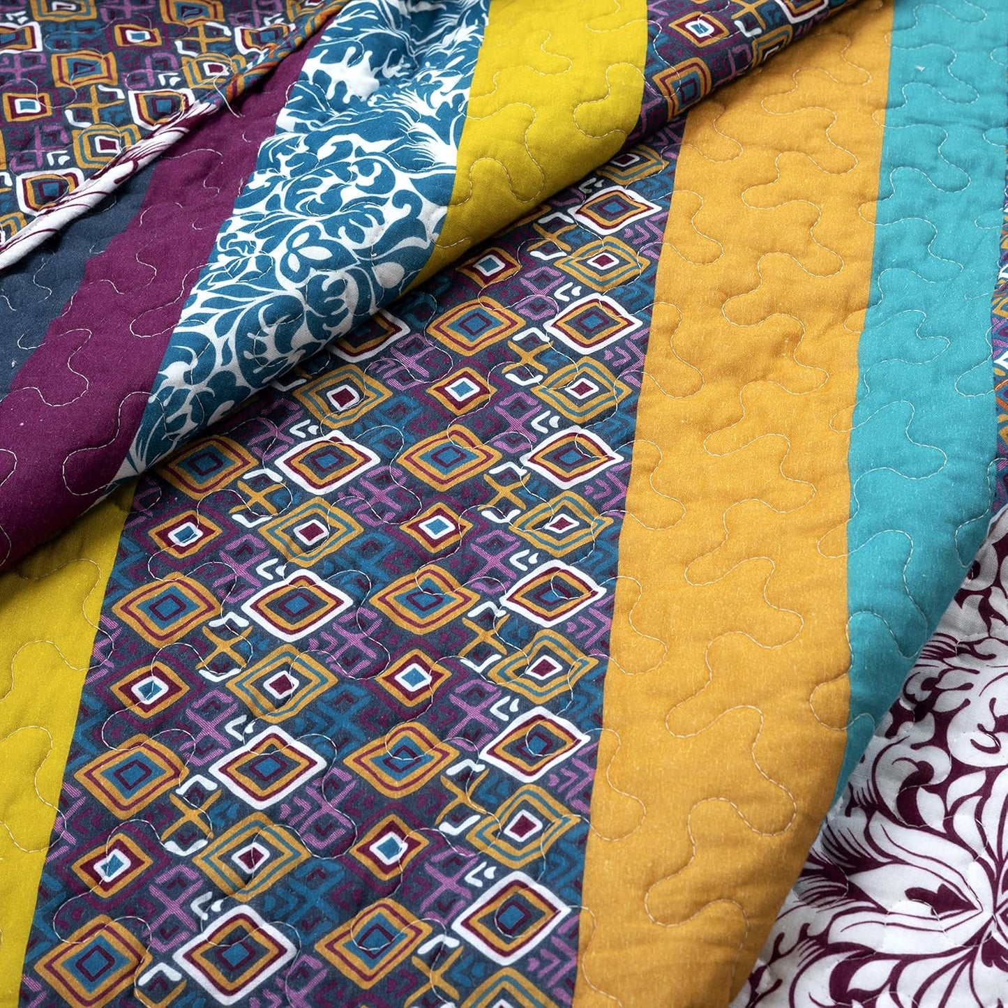 Lush Decor Boho Stripe Reversible Cotton Quilt 3-Piece Set, King, Plum & Yellow - Bold Colorful Bohemian Bedding Set