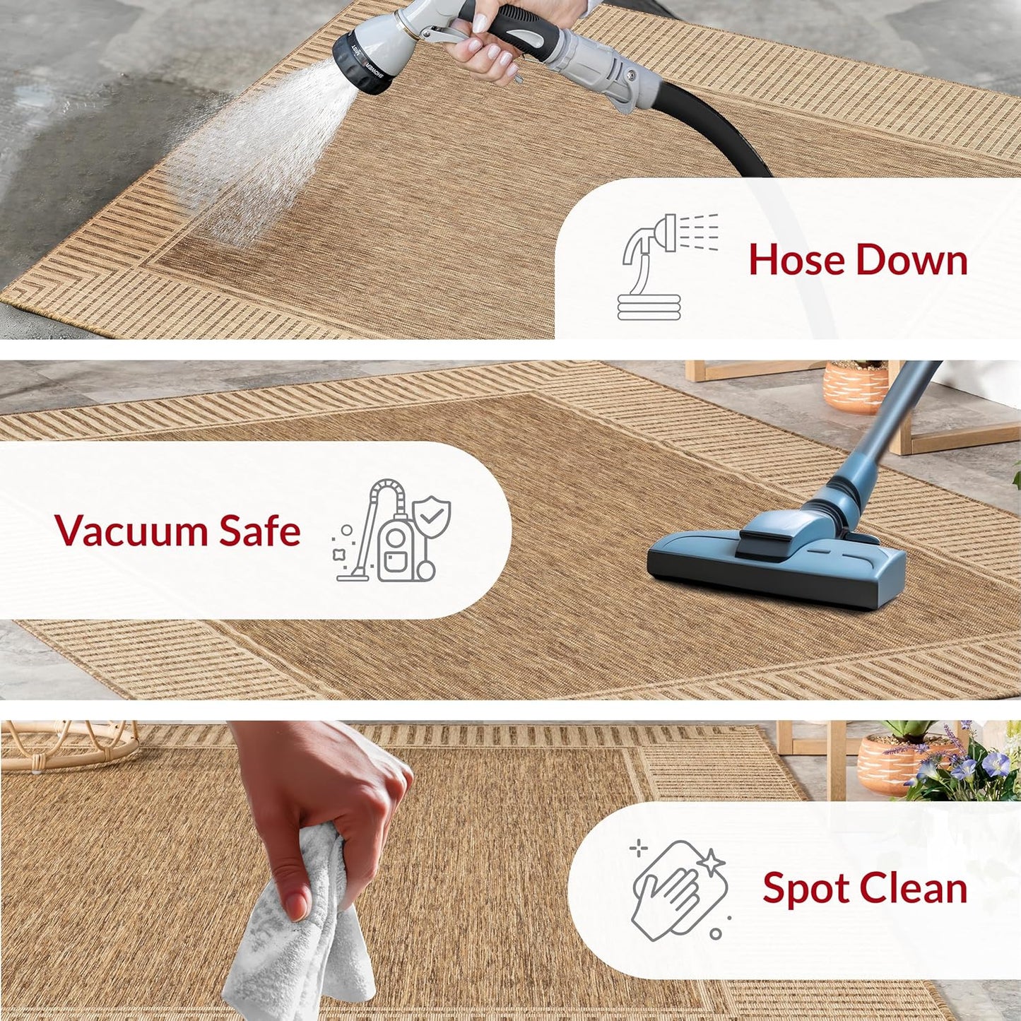 nuLOOM 2' x 3' Outdoor Area Rug, Casual Design With Striped Border, Stain Resistant, Highly Durable, For Patio, Balcony, Bedroom, Living Room, Dining Room, Bathroom, Light Brown