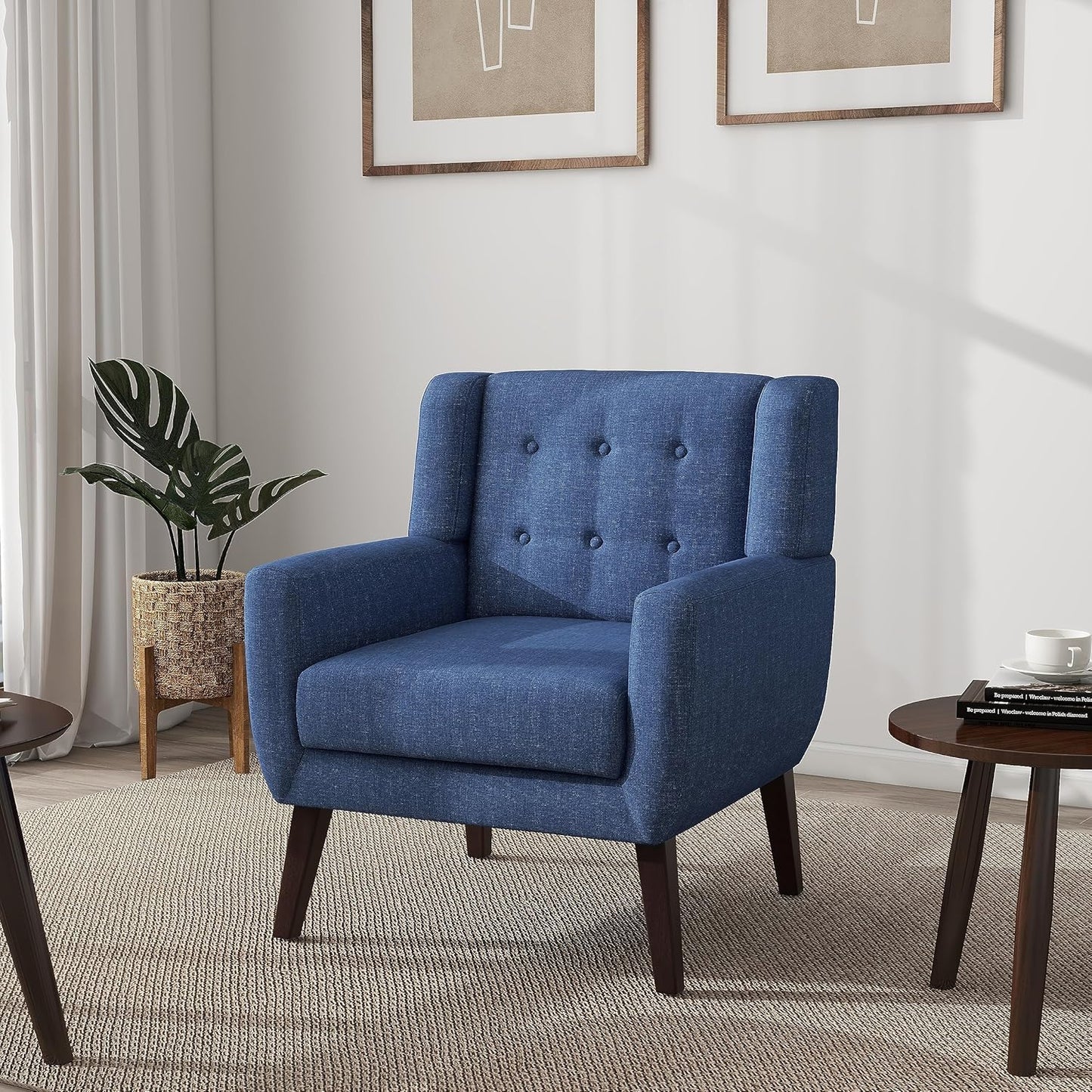 UIXE Accent Chair, Modern Upholstered Armchair in Fabric for Living Room, Comfy Club Arm Chairs Single Sofa Button Tufted Bedroom Reading Seat - Blue, Set of 4
