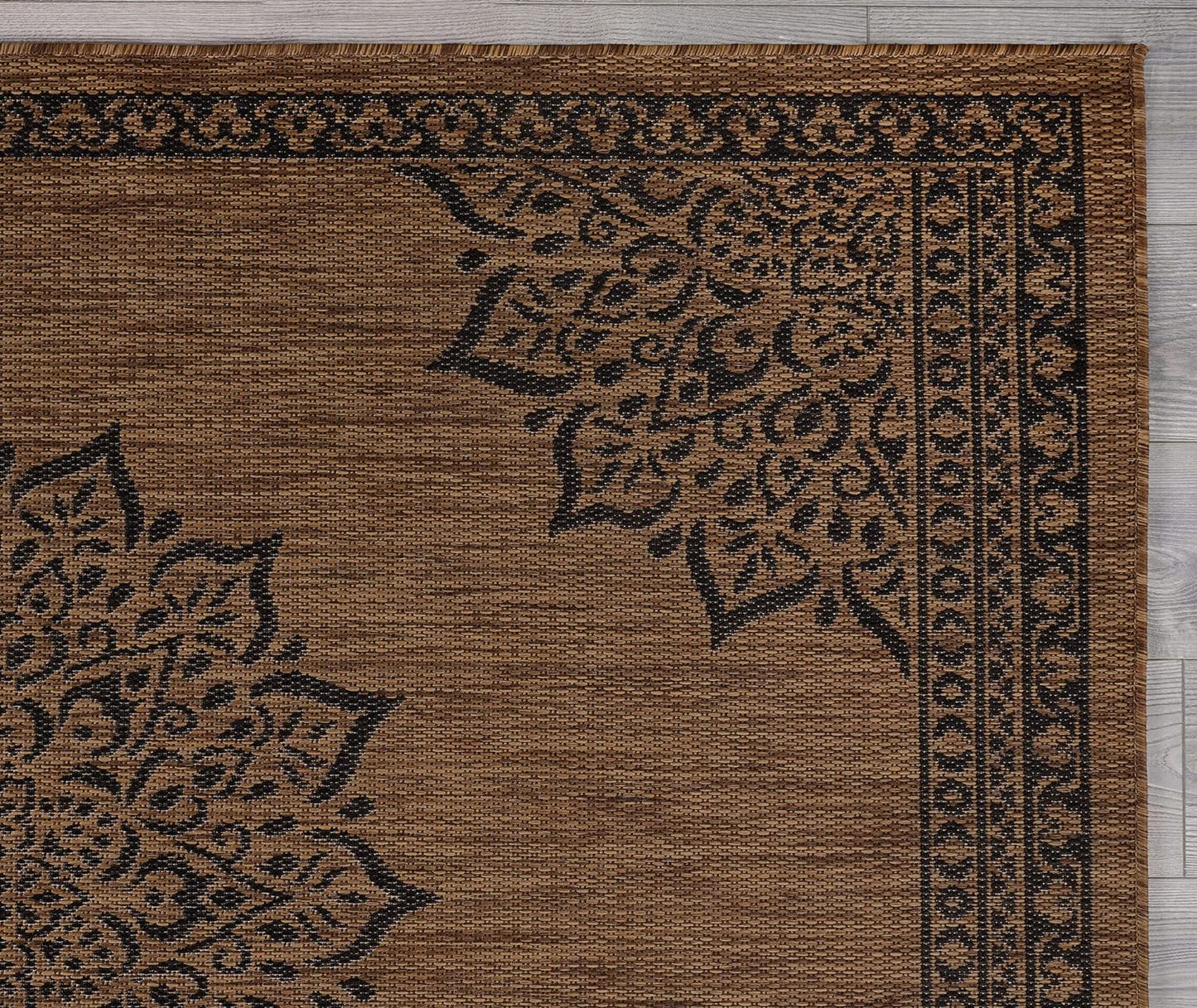 CAMILSON Outdoor Rug, 9x12 Medallion Nut Brown Black Modern Area Rugs for Large Indoor and Outdoor Patios, Kitchen and Hallway Mats, Washable Porch Deck Outside Carpet (Nut Brown Black, 9 x 12)