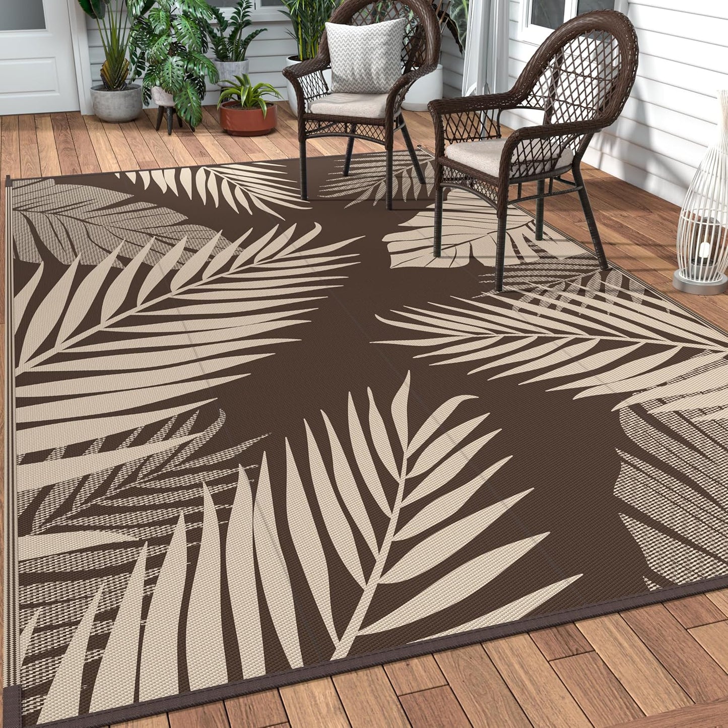GENIMO Outdoor Rug 5' x 8' Waterproof for Patios Clearance, Reversible Outdoor Plastic Straw Camping Rug Carpet, Large Area Rugs Mats for RV, Camper, Deck, Balcony, Porch, Beach, Picnic, Coffee&Beige