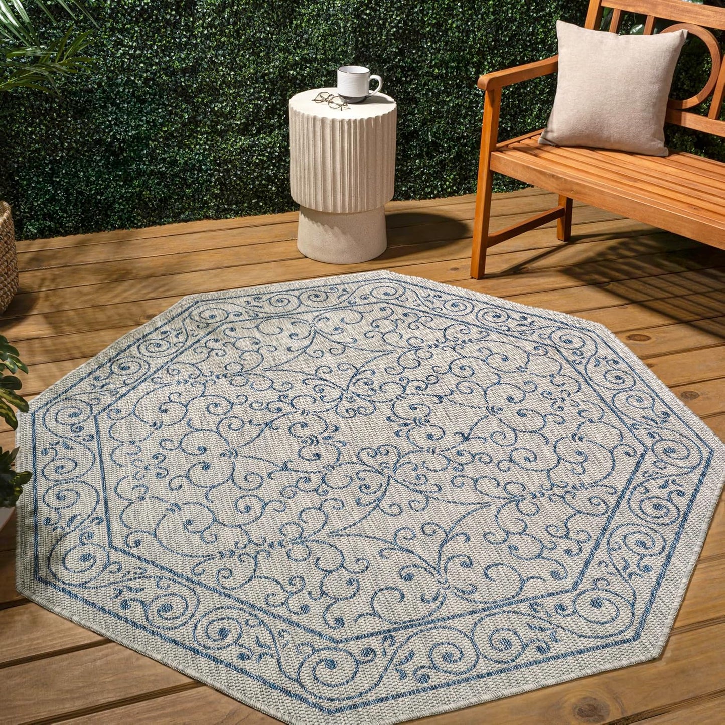 JONATHAN Y Vintage Filigree Indoor Outdoor Octagon Area Rug 8 Ft Gray/Navy, Charleston Textured Weave for Backyard, Patio, Porch, Easy-Cleaning, High Traffic, Pet-Friendly, Non-Shedding SMB106C-8TGN