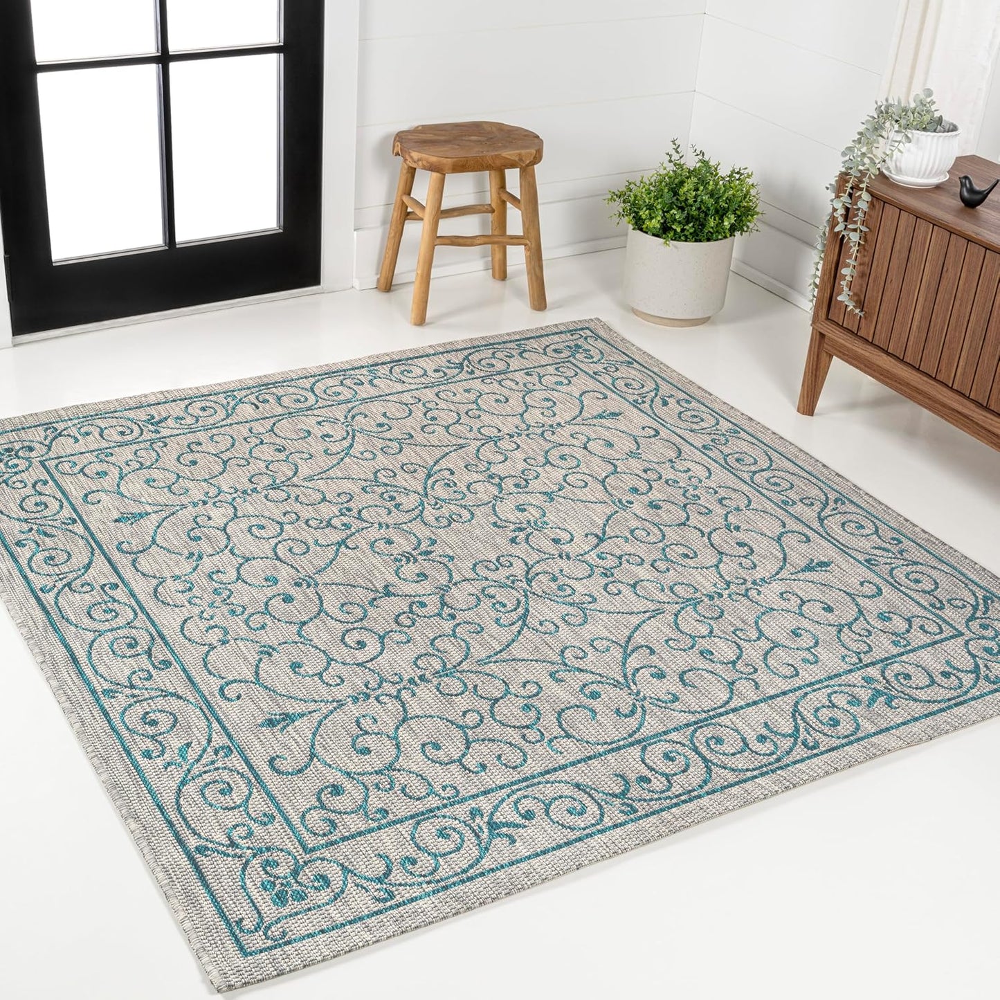 JONATHAN Y Vintage Filigree Indoor Outdoor Square Area Rug 9X9 Gray/Teal, Charleston Textured Weave for Backyard, Patio, Porch, Easy-Cleaning, High Traffic, Pet-Friendly, Non-Shedding (SMB106E-9SQ)